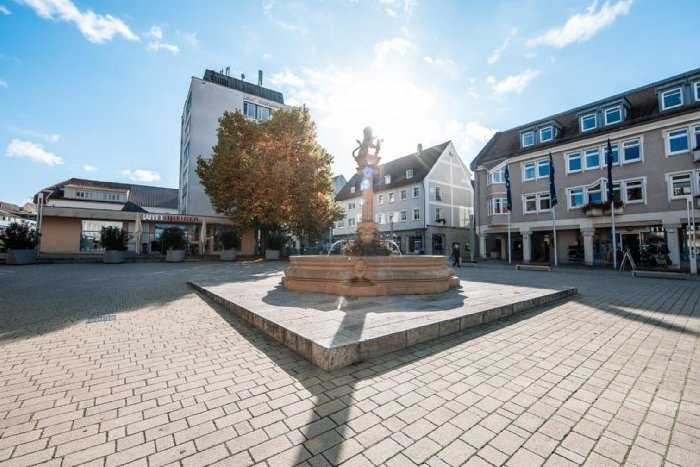 Der Neckarsulmer Marktplatz mit dem Löwenbrunnen.