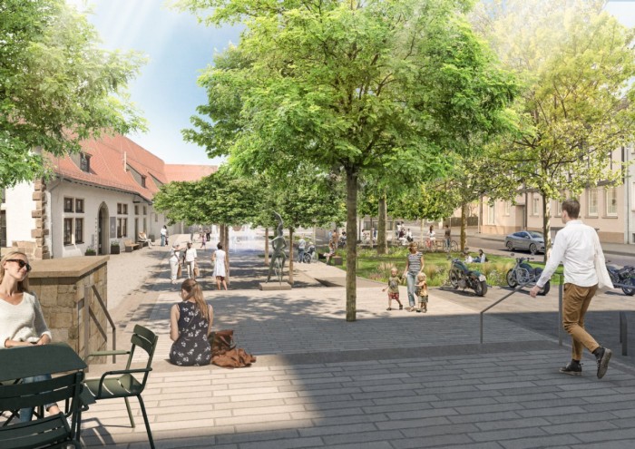 Visualisierung mit Blick von der Museumstreppe auf den neu gestalteten Schlossplatz 