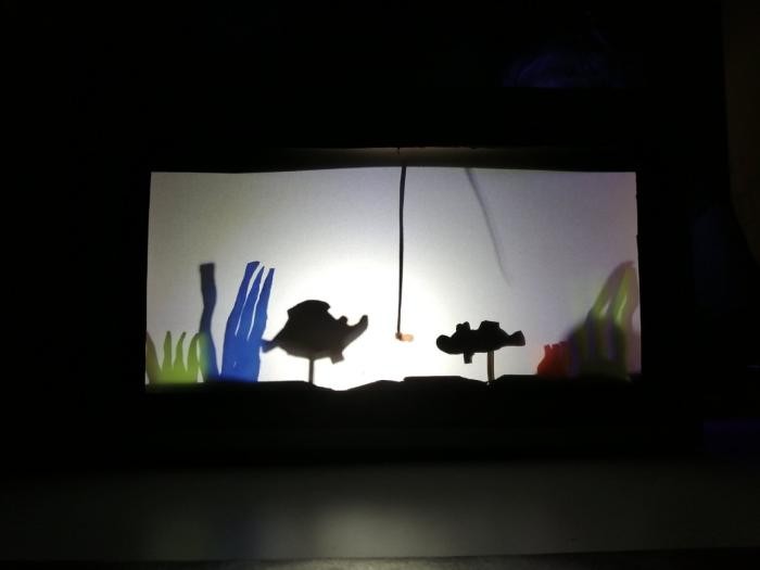 Schattenspielfiguren auf einer beleuchteten Bühne 