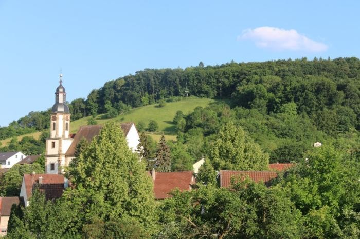 Blick auf St. Remigius mit dem Schauberg im Hintergrund   
