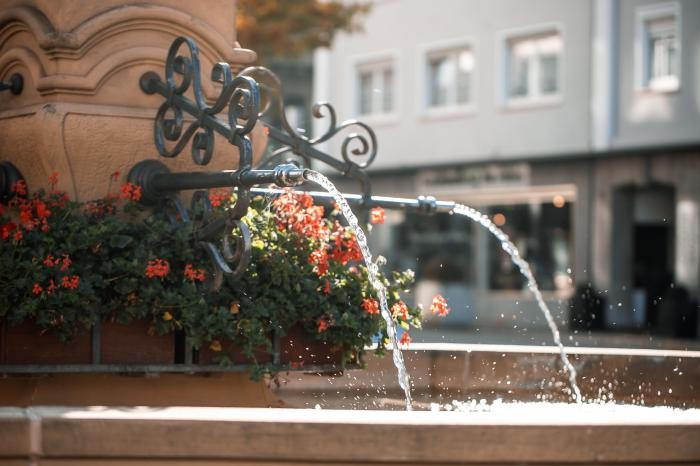 Aus dem Marktplatzbrunnen fließt Wasser. 