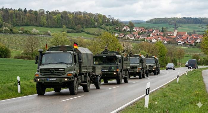 Ein Militärkonvoi fährt auf einer Landstraße. Foto: KI-generiert