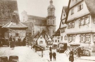 Historische Aufnahme der Neckarsulmer Innenstadt mit Blick auf die St. Dionysius Kirche