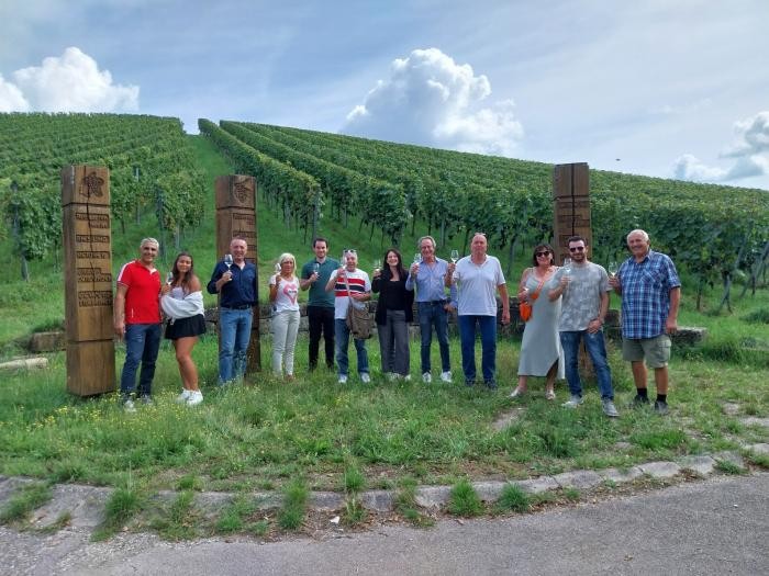 Eine Gruppe von Personen steht vor Weinstelen und posiert mit Weingläsern.