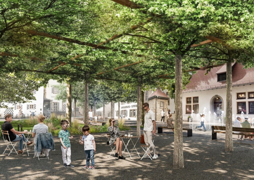 Visualisierte Ansicht des neu gestalteten Schlossplatzes mit Kioskbereich