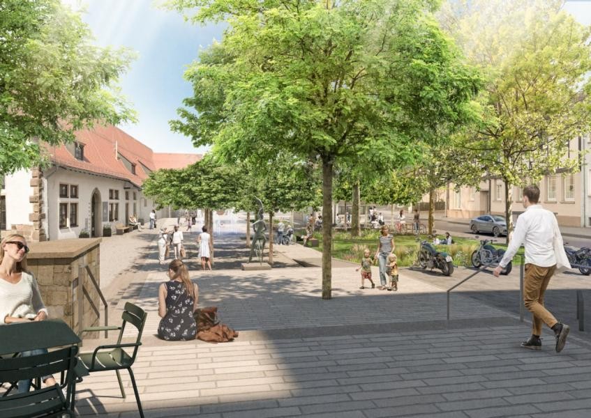 Visualisierung mit Blick von der Museumstreppe auf den neu gestalteten Schlossplatz