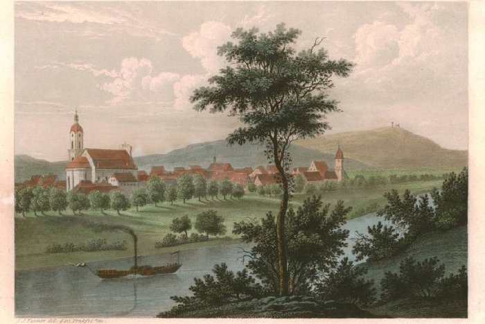 Gezeichnete, historische Ansicht Neckarsulms mit Kirche und Schloss.