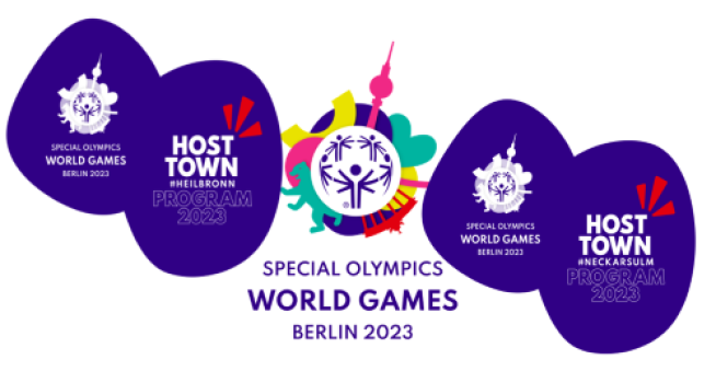 Logo der Special Olympics World Games Berlin 2023. Logo der Host Town Heilbronn und der Host Town Neckarsulm.